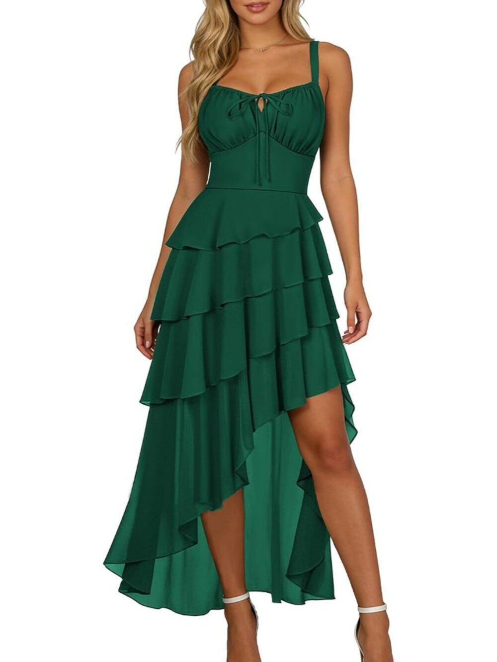 Women's Eden Green Hi Low Layer Ruffle Tie Ruched Chiffon Cocktail Maxi Dress